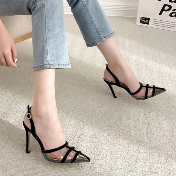 Black Clear Point Toe Slingback stiletto Pumps - Picture 3 of 6